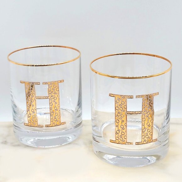 2pc Anthropologie 24k Gold Gilded Monogram Glass Tumblers Letter H 15oz - Picture 4 of 7